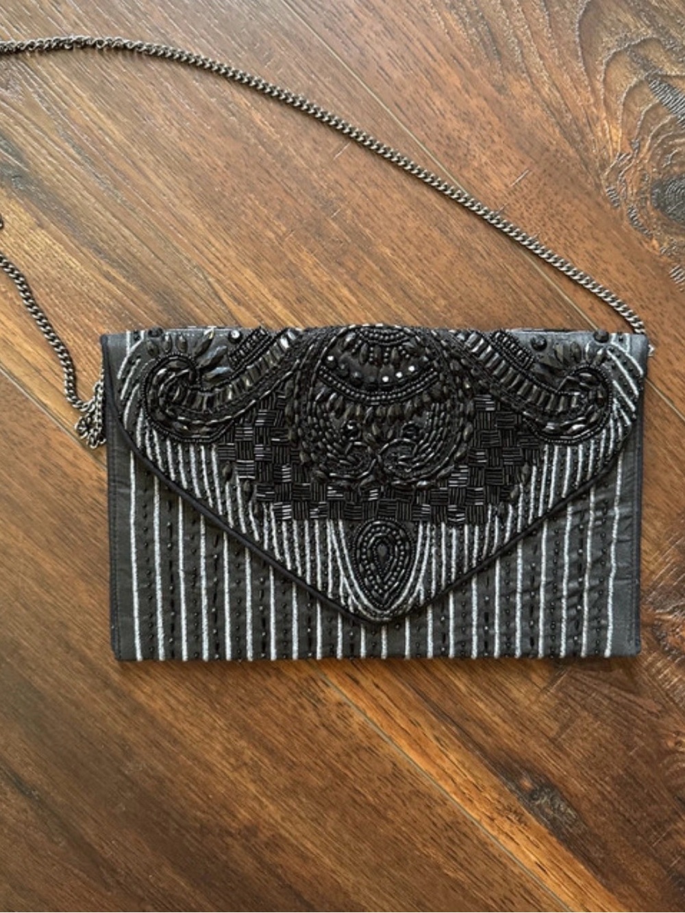Lulu's Black Beaded Envelope Clutch with Chain Strap